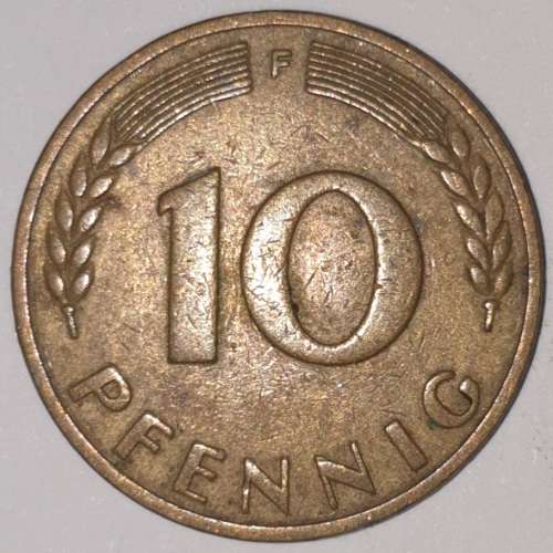 1949 F - 10 PFENNIG - TEN PFENNIG - GERMANY - FEDERAL REPUBLIC - (Brass Clad Steel) KM# 103